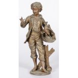 A ZAMAC sculpture of a young boy with threshing basket and rooster, France, 1st half 20th century.