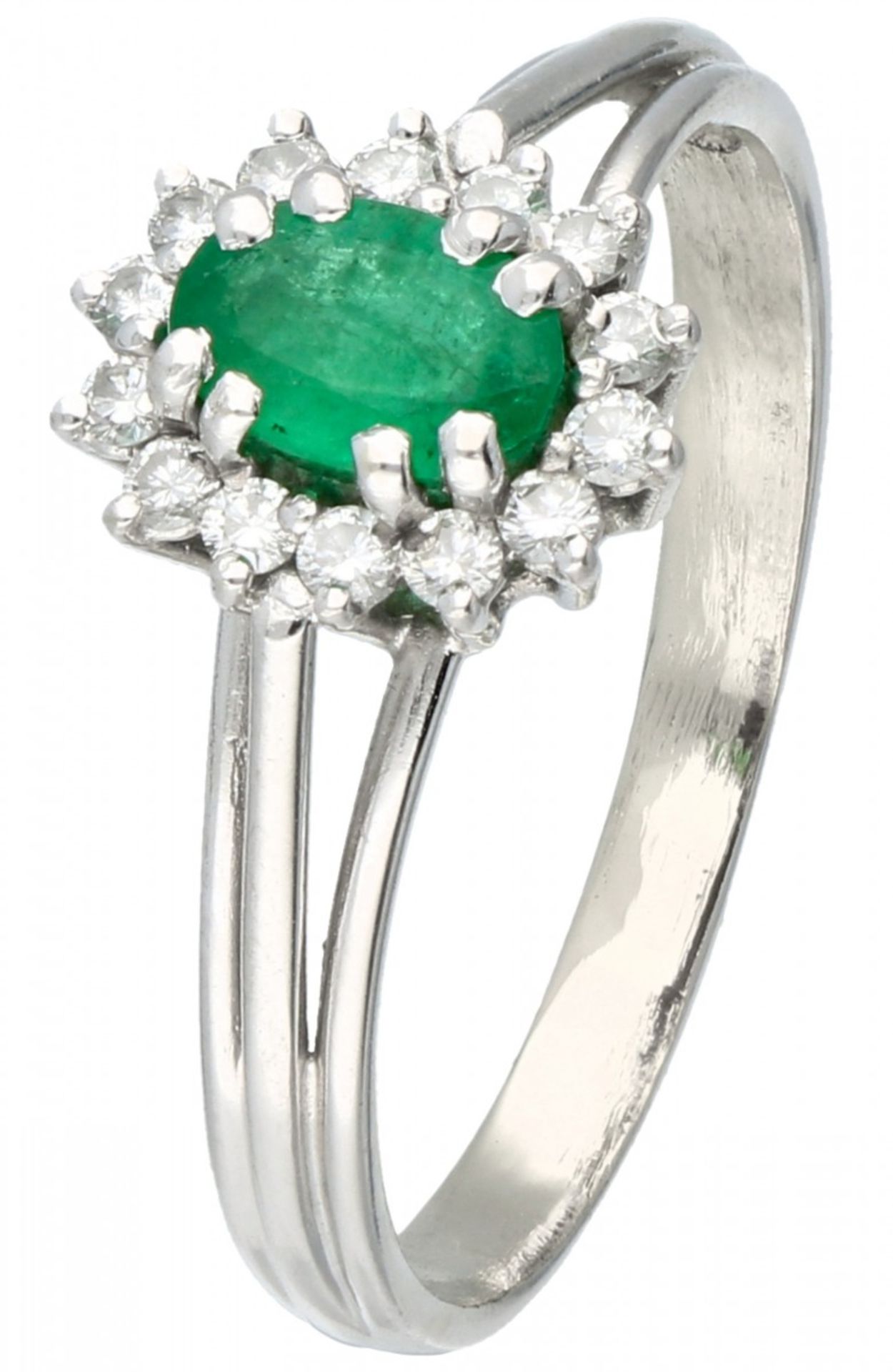 White gold oval rosette ring, with approx. 0.14 ct. diamond and approx. 0.32 ct. natural emerald - 1