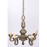 A pewter alloy six light pendant chandelier, Dutch, 20th century.