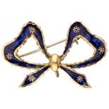 Vintage 18K. yellow gold bow-shaped blue enamel brooch.