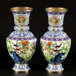 A set of (2) cloisonne vases decorated with flowers and birds, China, late 20th century.