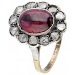 14K. Yellow gold and 925/1000 silver antique ring set with approx. 2.20 ct. garnet and rose cut diam