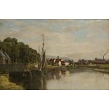 David Young Cameron (Glasgow 1865 - 1945 Perth)(attributed to) - A moored vessel near a village on a