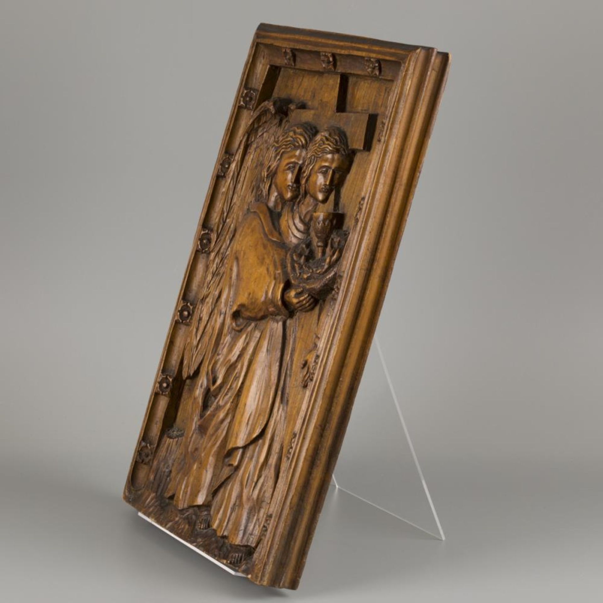 An carved oak bas-relief depicting St. john the Baptist with arma sacra, ca. 1900. - Image 2 of 3