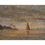 Johannes "Jan" Bakker (Schiedam 1879 - 1944 Voorburg), Shipping on the "Meerwede at Dusk".