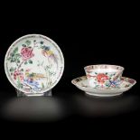 A lot of (2) porcelain famille rose saucers and a cup, China, Yongzhen.