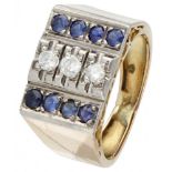 14K. Yellow gold retro tank ring set with approx. 0.18 ct. diamond and synthetic sapphire.