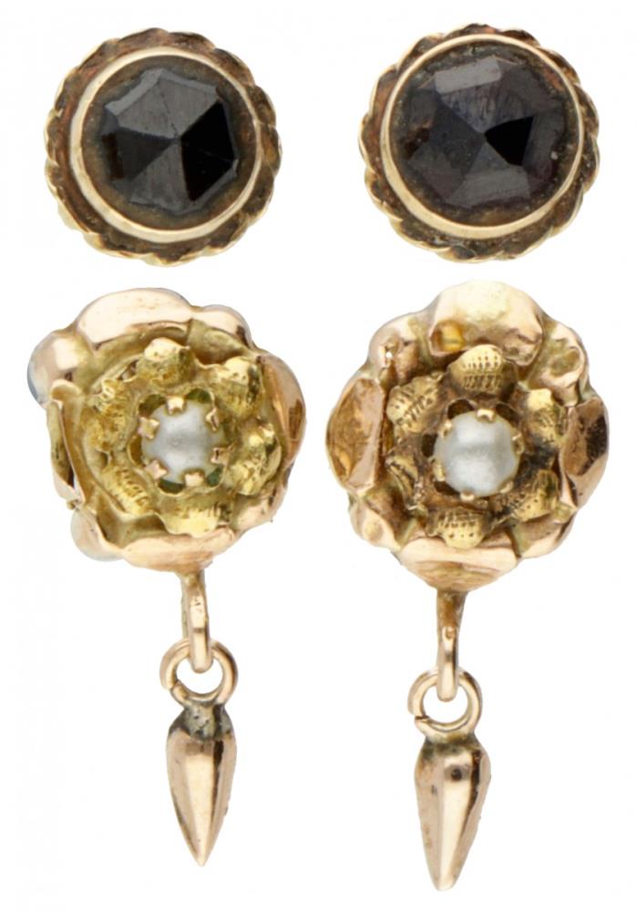 Lot of two pairs of antique 14K. yellow gold earrings set with garnet and seed pearl.