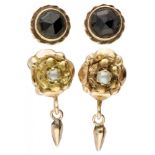 Lot of two pairs of antique 14K. yellow gold earrings set with garnet and seed pearl.