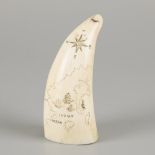 Scrimshawed sperm whale tooth from its lower jaw, marine-ivory, 19th century.