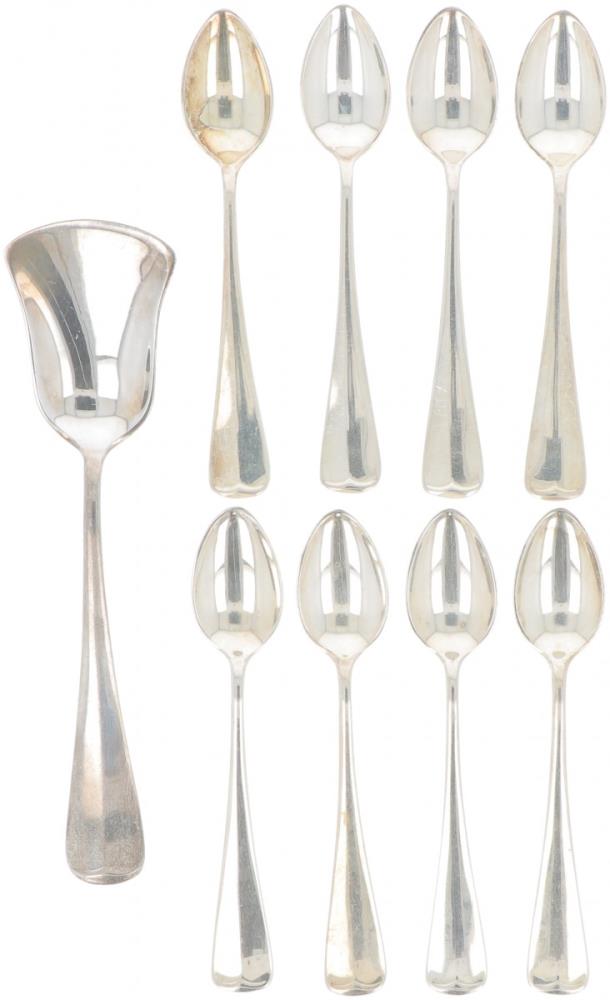 (8) piece set of mocha spoons & sugar scoop "Haags Lofje" silver.