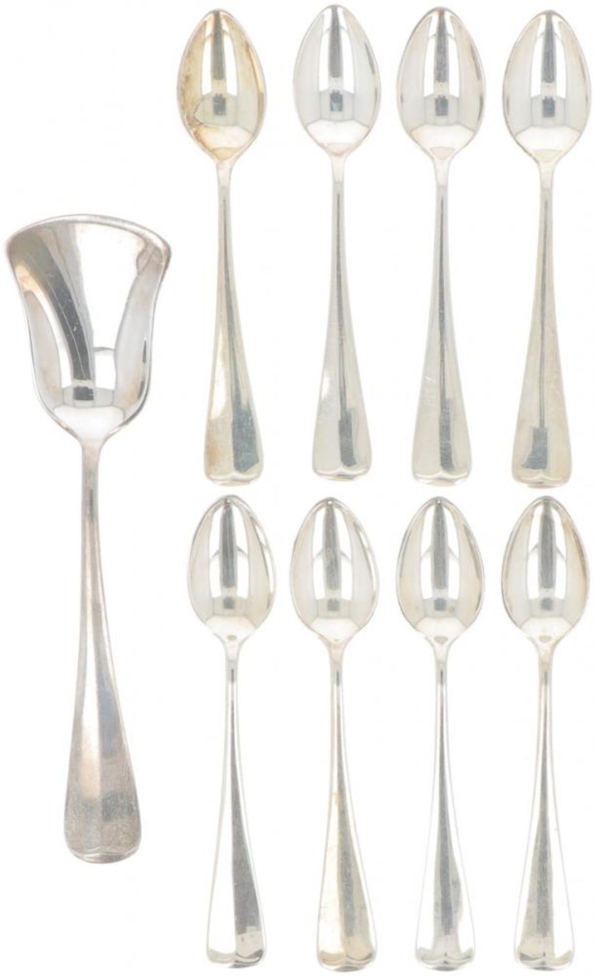 (8) piece set of mocha spoons & sugar scoop "Haags Lofje" silver.