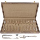 (14) piece set of teaspoons with sugar scoop and sugar tongs, silver-plated.