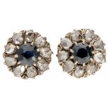 14K. Yellow gold entourage earrings set with approx. 0.48 ct. natural sapphire and rose cut diamond.