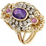 18K. Yellow gold cocktail ring set with natural amethyst, ruby ​​and rose cut diamond.