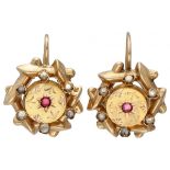 18K. Yellow gold antique earrings set with garnet and rhinestones.