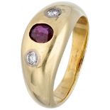 14K. Yellow gold 3-stone Gypsy ring set with approx. 0.16 ct. diamond and approx. 0.42 ct. natural r