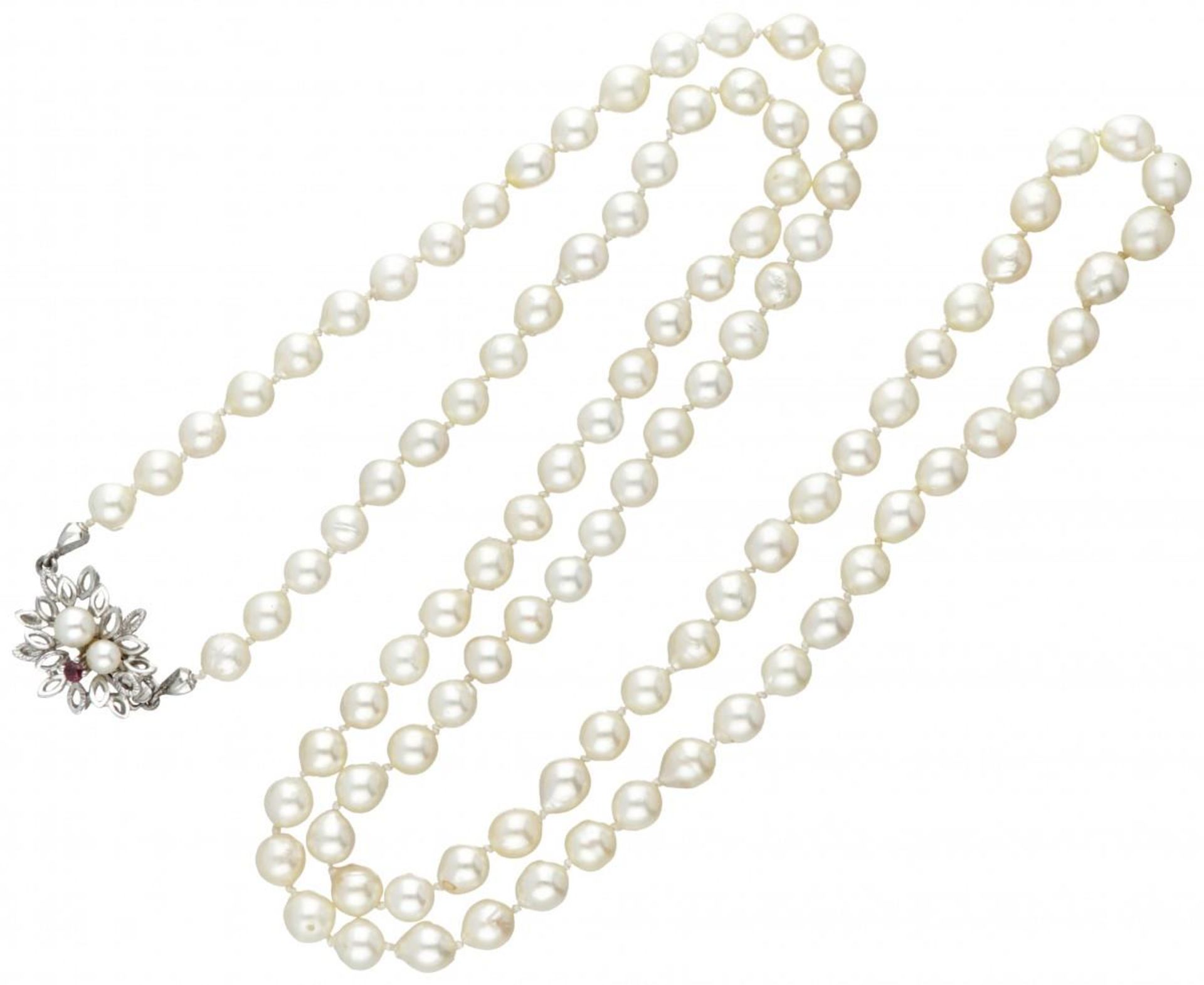 Single strand pearl necklace with a 14K. white gold closure set with pearl and ruby. - Image 3 of 3