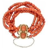 Antique five-row red coral bracelet with a 14K. yellow gold closure.
