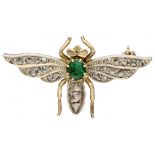 14K. Yellow gold bee brooch set with rose cut diamond and approx. 0.23 ct. natural emerald.