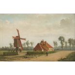 Dutch School, ca. 1900. A sandy road in a village with windmill.