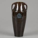 Chris van der Hoef for Amstelhoek - brown glazed earthenware vase with medallion.