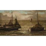 Attributed to H.W. Mesdag (Groningen 1831 - 1915 The Hague), Fishing Smacks riding at anchor, Scheve