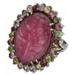 Silver cocktail rosette ring set with approx. 22.00 ct. floral cut natural ruby and approx 2.08 ct.
