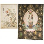 A lot comprising a framed embroidery together with a thankha depicting Guanyin, China, 20th century.
