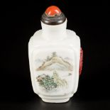 A porcelain qianjiang cai snuff bottle decorated with mountain scenery and a bird, China, Republic p