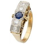 14K. Bicolor gold tank ring set with approx. 0.24 ct. diamond and approx. 0.26 ct. natural sapphire.