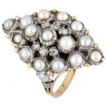14K. Yellow gold/silver Portuguese marquise ring set with rose cut diamond and pearl.