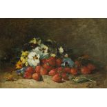 Hubert Bellis (Brussel 1831 - 1902 Sint Joost-ten-Node, Br.), Still life with strawberries and flowe