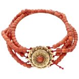 Antique four-row red coral necklace with a finely crafted 14K. yellow gold closure.