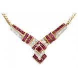 18K. Yellow gold necklace set with approx. 1.13 ct. natural ruby ​​and approx. 0.10 ct. diamond.