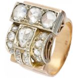 18K. Rose gold tank ring set with rose cut diamonds.