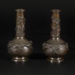 A set of (2) bronze pipe vases with decoration of flowers and birds, Japan, late Meji period.