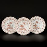 A set of (3) Iron Red Plates with scalloped rim and floral decoration in compartments, China, Kangxi