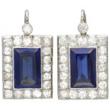 14K. White gold Art Deco earrings set with approx. 2.10 ct. diamond and approx. 8.96 ct. synthetic s
