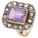 14K. Rose gold Art Deco ring set with approx. 2.86 ct. amethyst and rose cut diamonds.