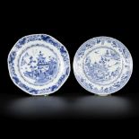 A lot comprised of (2) porcelain plates with river/pagoda decor, China, 18th century.