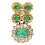 14K. Yellow gold pendant set with approx. 0.16 ct. diamond and approx. 0.39 ct. natural emerald.