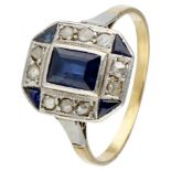 14K. Yellow gold Art Deco ring with Pt 950 platinum set with diamond and synthetic sapphire.