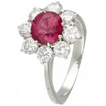 14K. White gold rosette ring set with approx. 1.20 ct. diamond and approx. 1.83 ct. synthetic ruby.