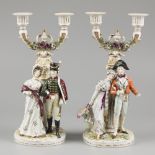 A set procelain candles with depiction of a lady and a gentleman, Volkstedt-Rudolstadt, Germany, ear
