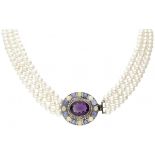 Three-row freshwater pearl necklace with silver closure set with amethyst, welo opal, tourmaline and