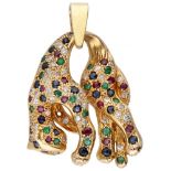 14K. Yellow gold panther pendant set with approx. 0.22 ct. diamond, natural ruby, sapphire and emera