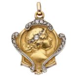 14K. Yellow gold Art Nouveau medallion pendant set with approx. 0.09 ct. diamond.