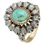 18K. Yellow gold and silver ring set with approx. 1.24 ct. turquoise and diamond.