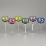 A set of (6) coloured crystal Val Saint Lambert wine roemers, Belgium, 1st half 20th century.